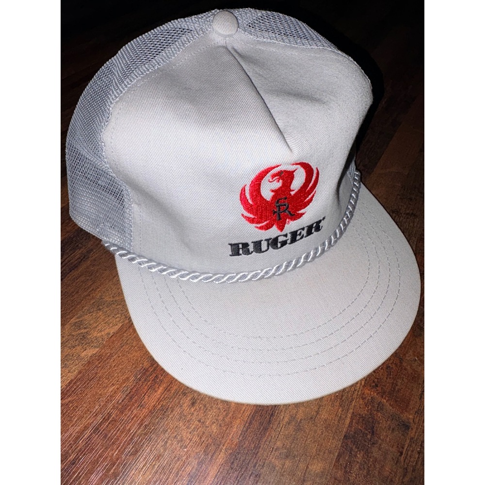 Vintage Ruger Firearms Trucker Hat Gray Mesh Snapback Rope Brim Made in USA